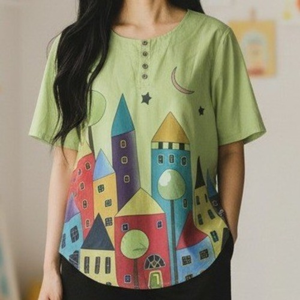 MISSLOOK Village Print Blouse Size M Green Wearable Art Whimsical Novelty Artsy